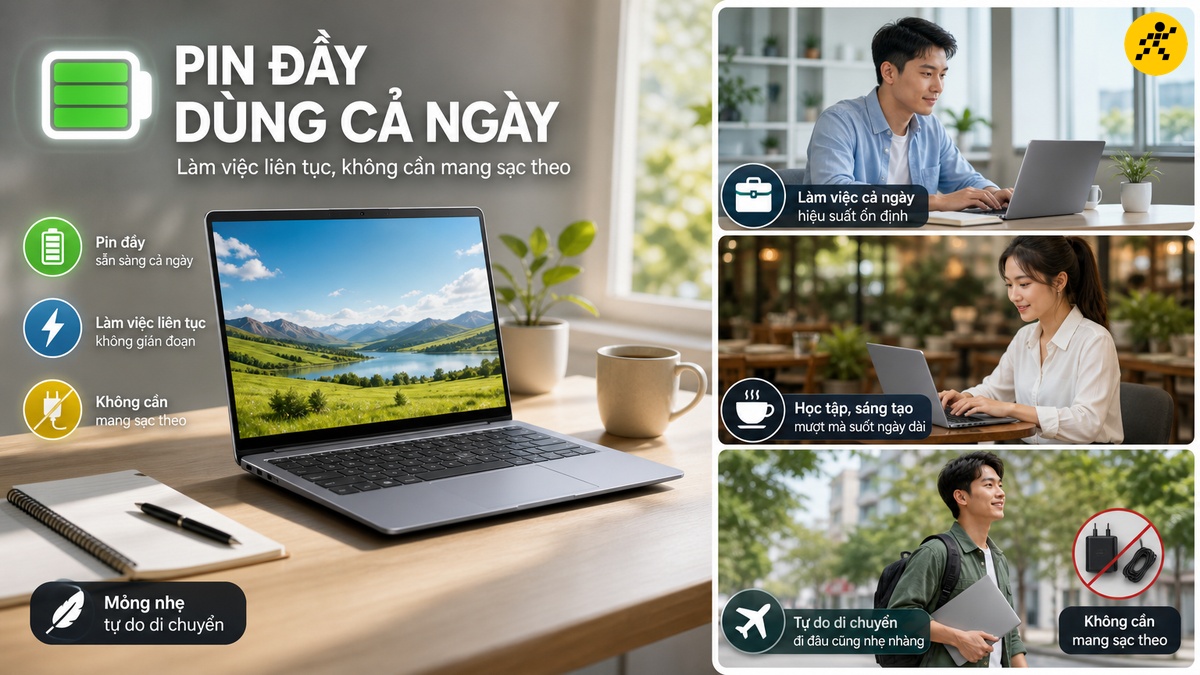 Thời lượng pin dài nhờ chip tiết kiệm điện Laptop mỏng nhẹ với biểu tượng pin thể hiện thời lượng sử dụng dài