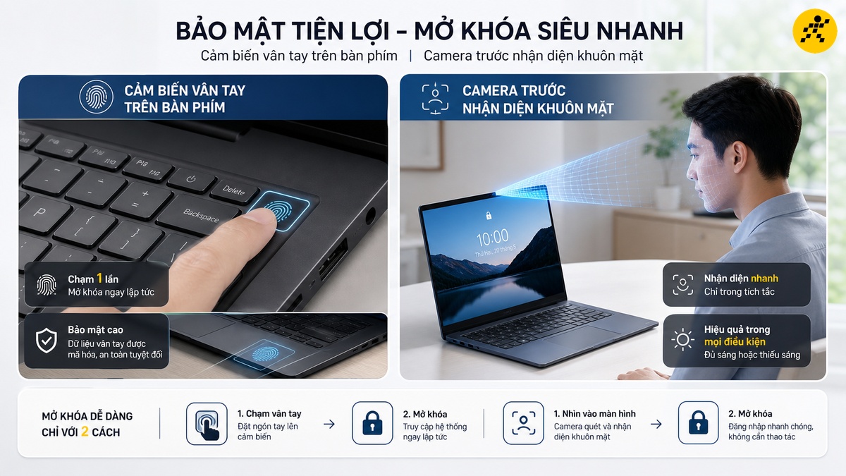 Cảm biến vân tay và nhận diện khuôn mặt Laptop mỏng nhẹ mở khóa bằng vân tay và nhận diện khuôn mặt