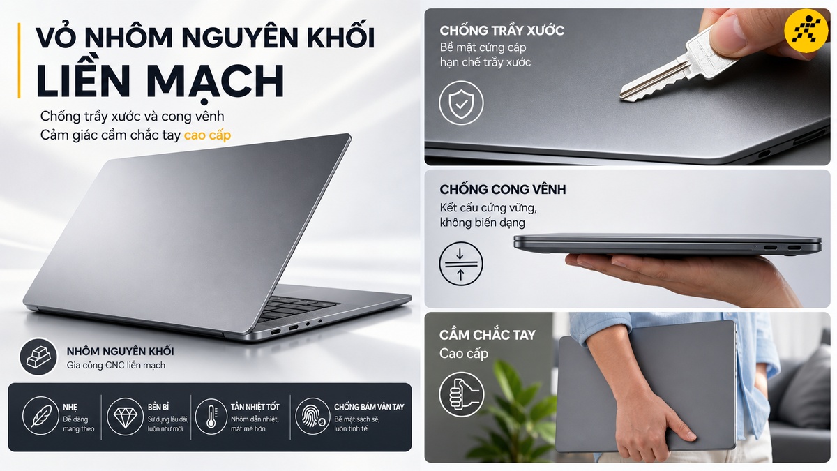 Vỏ nhôm nguyên khối cao cấp Laptop vỏ nhôm nguyên khối cao cấp với bề mặt kim loại liền khối