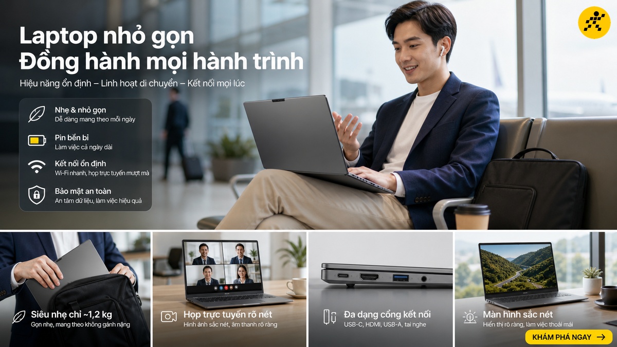 Laptop nhỏ gọn cho văn phòng và di chuyển nhiều Người dùng văn phòng làm việc với laptop nhỏ gọn khi di chuyển tại sân bay
