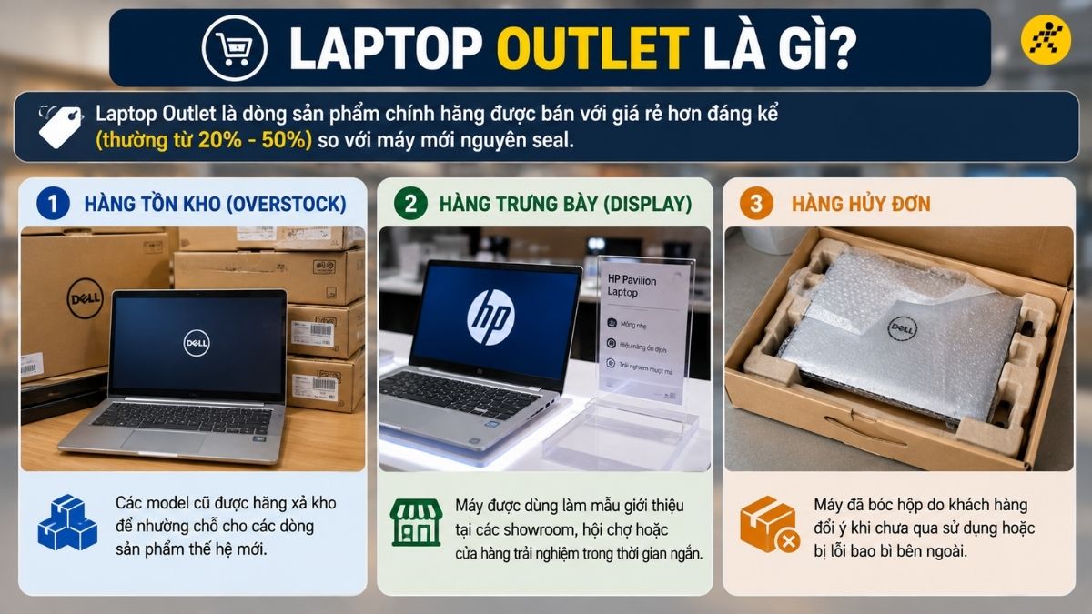 Laptop Outlet l&agrave; d&ograve;ng sản phẩm ch&iacute;nh h&atilde;ng được b&aacute;n với gi&aacute; rẻ hơn
