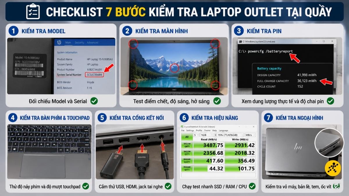 Checklist 7 bước kiểm tra laptop Outlet tại quầy