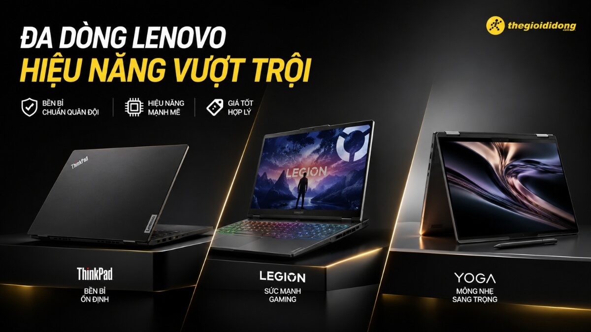 Hình ảnh quảng cáo tổng hợp các dòng laptop Lenovo tại Thế Giới Di Động, nhấn mạnh hiệu năng vượt trội. Banner hiển thị ba mẫu laptop chính: một chiếc Lenovo ThinkPad màu đen tượng trưng cho sự bền bỉ, ổn định; một chiếc Lenovo Legion gaming với màn hình hiển thị game và bàn phím đèn nền sặc sỡ, biểu trưng cho sức mạnh gaming; và một chiếc Lenovo Yoga mỏng nhẹ, sang trọng với thiết kế xoay gập. Phía trên có dòng chữ 'ĐA DÒNG LENOVO HIỆU NĂNG VƯỢT TRỘI' cùng các biểu tượng mô tả độ bền chuẩn quân đội, hiệu năng mạnh mẽ và giá cả hợp lý. Logo Thegioididong.com nằm ở góc trên bên phải.