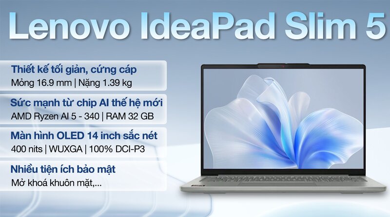 Laptop Lenovo IdeaPad Slim 5 OLED 14AKP10 có pin 60Wh đi cùng chip Ryzen AI 5 340 tối ưu điện, đủ một ngày công sở Laptop Lenovo IdeaPad Slim 5 OLED 14AKP10