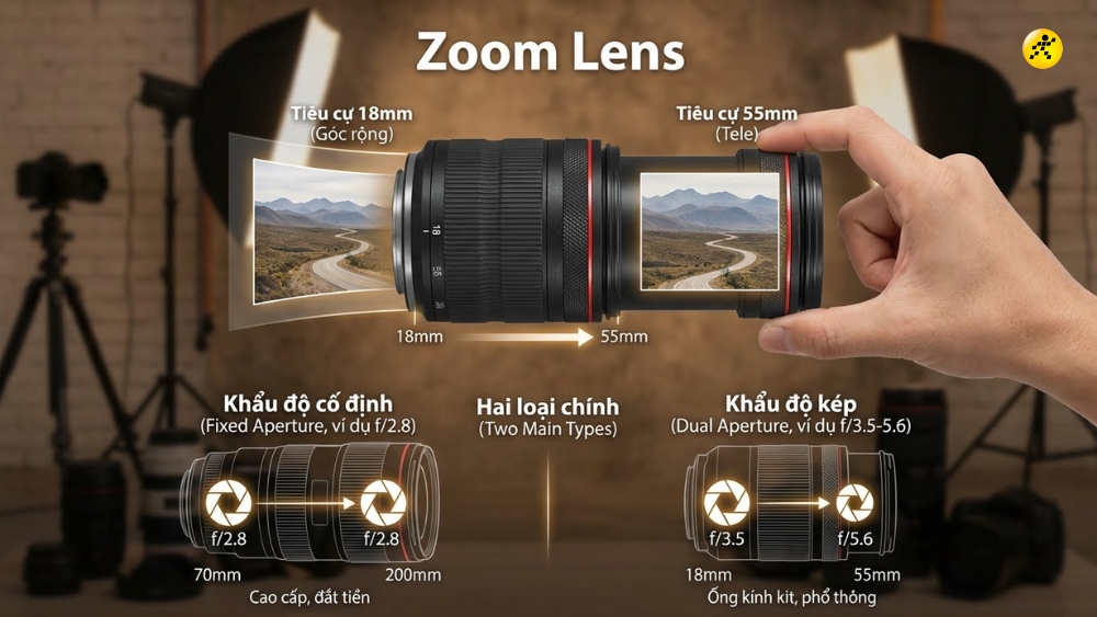 Lens zoom là loại ống kính cho phép thay đổi tiêu cự trong một dải nhất định Lens zoom là loại ống kính cho phép thay đổi tiêu cự trong một dải nhất định