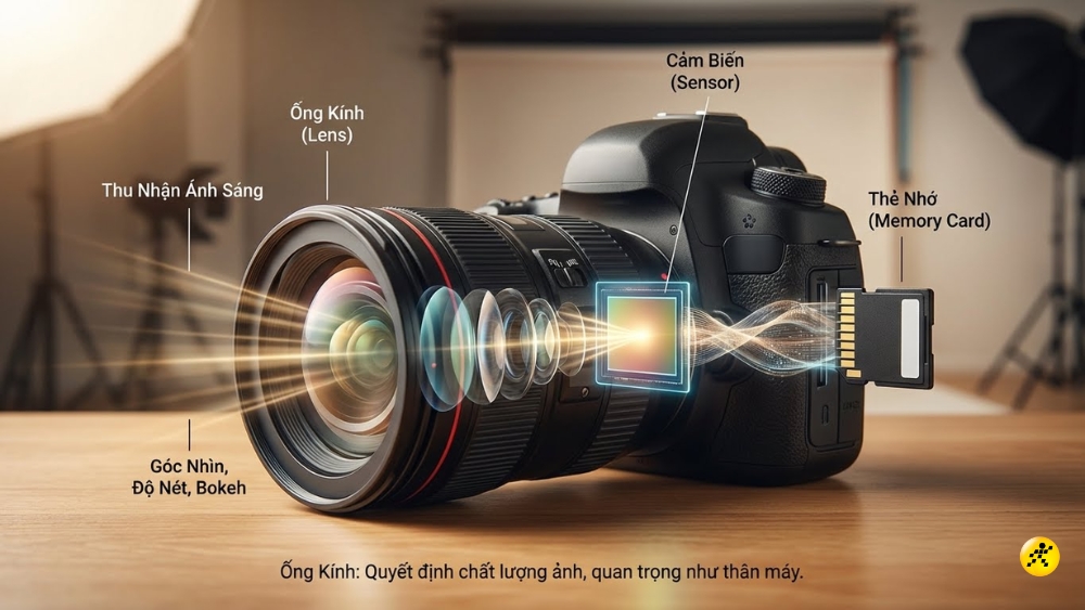 Lens m&aacute;y ảnh l&agrave; một hệ thống c&aacute;c thấu k&iacute;nh quang học được lắp v&agrave;o th&acirc;n m&aacute;y ảnh
