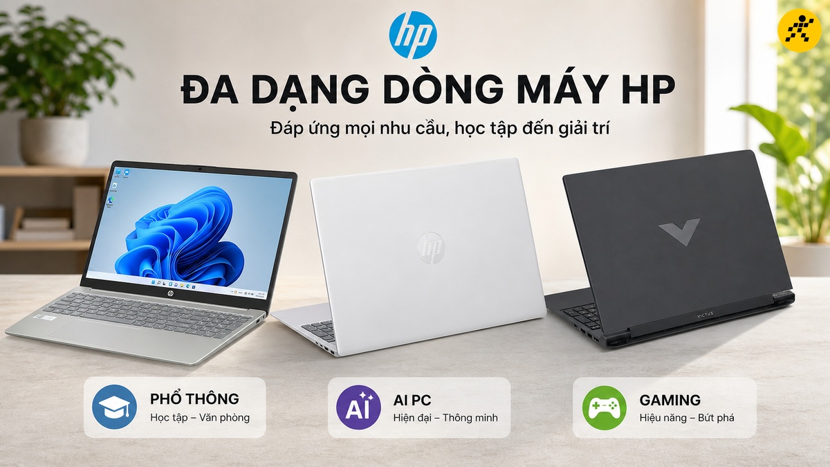 Laptop HP đa dạng đáp ứng mọi nhu cầu Ba laptop HP gồm máy phổ thông màu bạc đang mở, máy AI PC màu trắng và máy gaming đen Victus, thể hiện sự đa dạng về dòng sản phẩm.