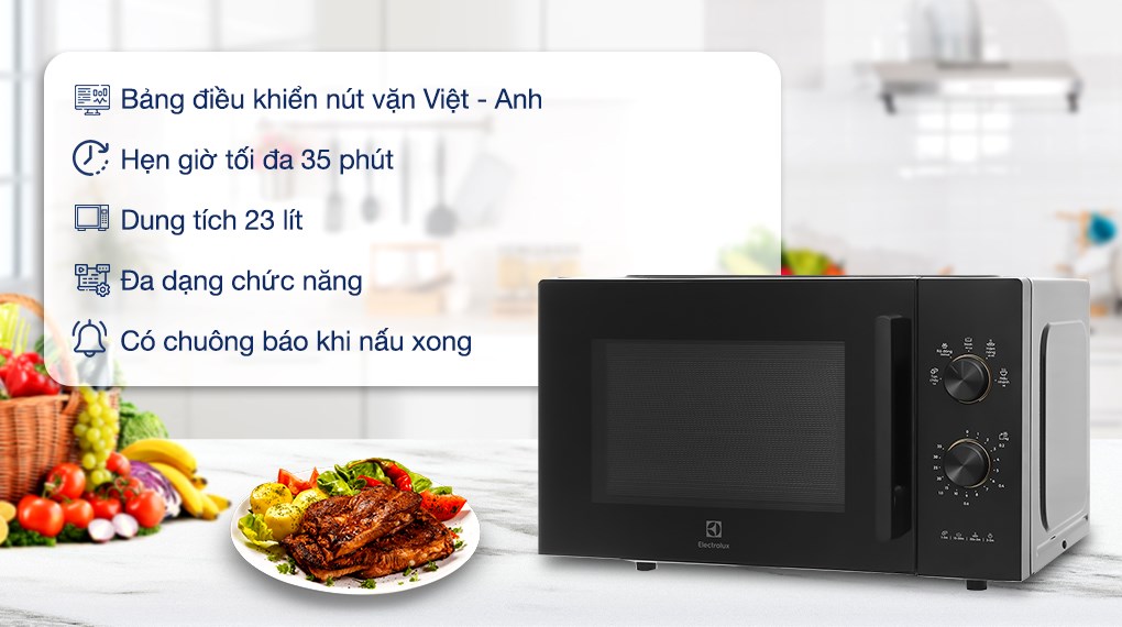 Lò vi sóng Electrolux EMM23K22B 23 lít có các chức năng chính: rã đông, hâm nóng, nấu. Ngoài ra, lò còn có chức năng khác là ninh và tan chảy