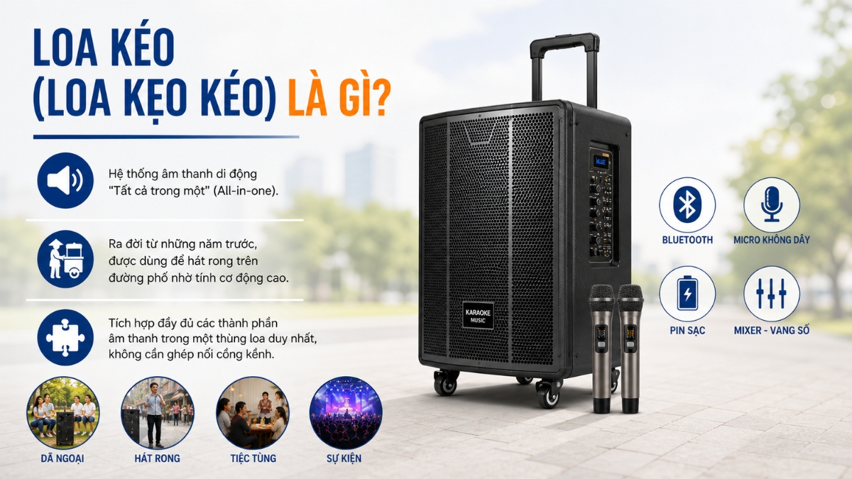 Loa kéo là một hệ thống âm thanh di động được thiết kế theo mô hình Loa kéo là một hệ thống âm thanh di động được thiết kế theo mô hình