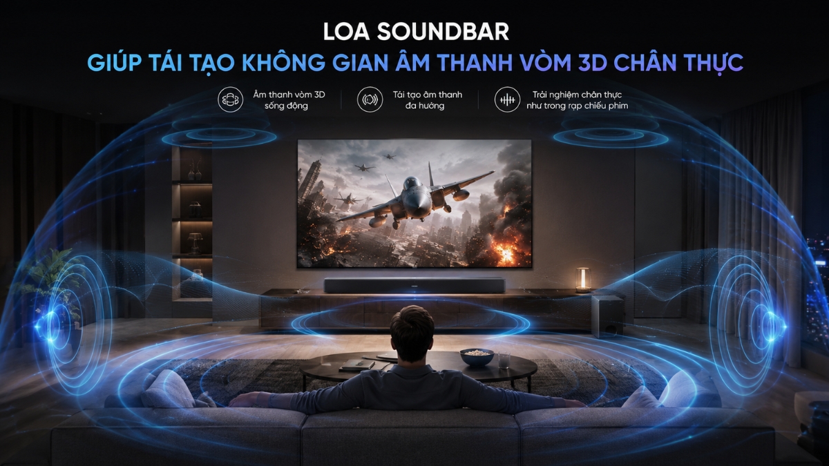 Loa Soundbar tái tạo không gian âm thanh vòm 3D chân thực Loa Soundbar tái tạo không gian âm thanh vòm 3D chân thực