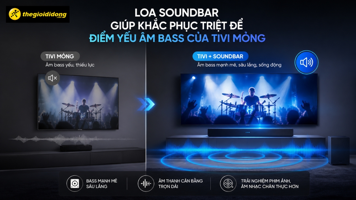 Loa Soundbar giúp khắc phục triệt để điểm yếu âm Bass của Tivi mỏng Loa Soundbar giúp khắc phục triệt để điểm yếu âm Bass của Tivi mỏng