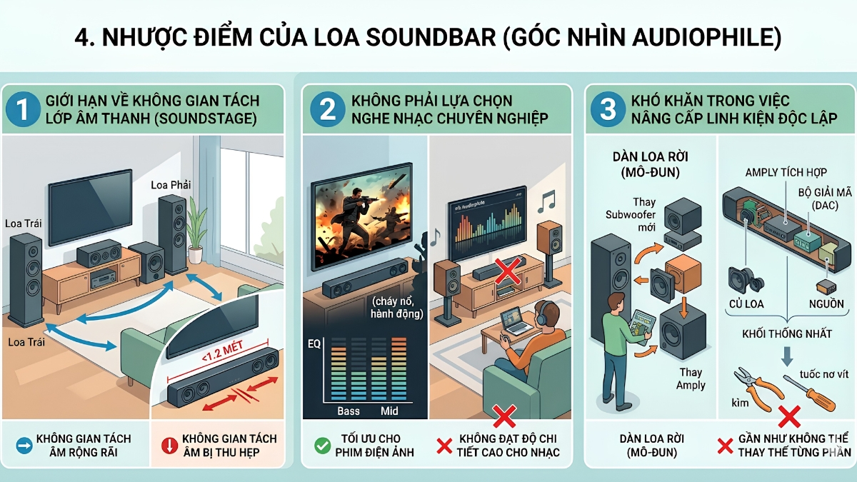 Nhược điểm của loa Soundbar Nhược điểm của loa Soundbar