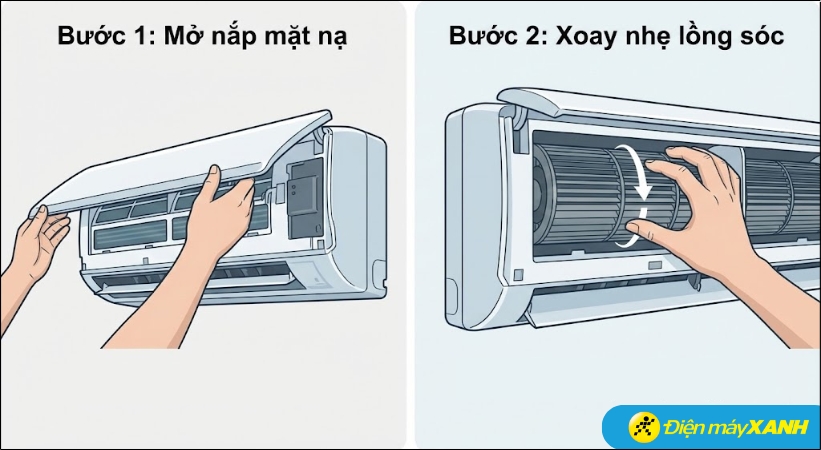 Bạn tiến hành mở nắp mặt nạ của dàn lạnh ra và dùng tay xoay nhẹ lồng sóc bên trong