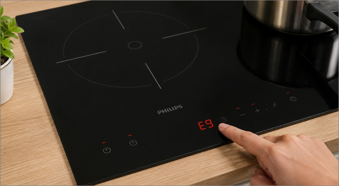 Lỗi E9 trên bếp từ Philips là lỗi xung đột dữ liệu hoặc mất tín hiệu kết nối giữa bo mạch điều khiển và bo mạch công suất
