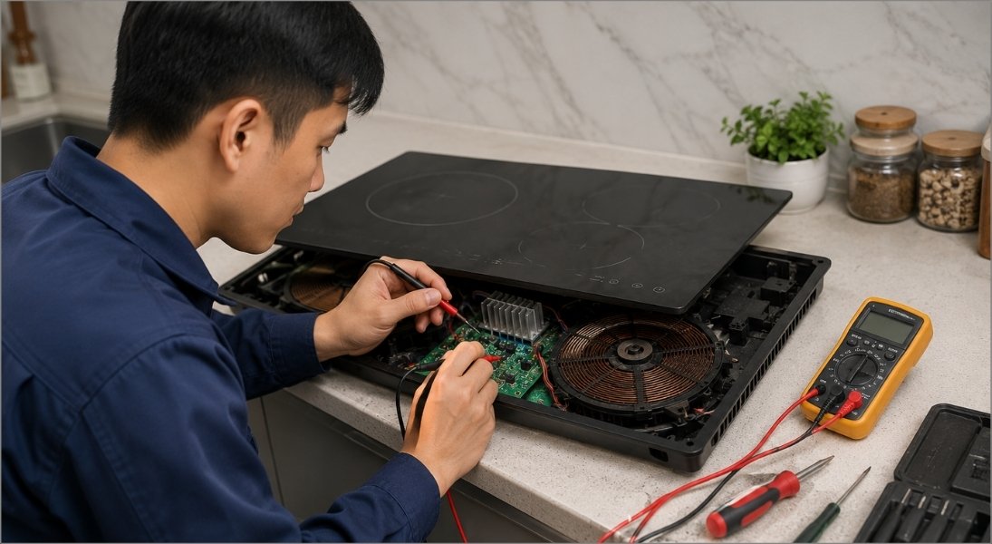 Khi bếp phát ra mùi khét, có tiếng lách tách nhỏ bên trong bo mạch, bạn cần liên hệ với thợ có chuyên môn đến xử lý
