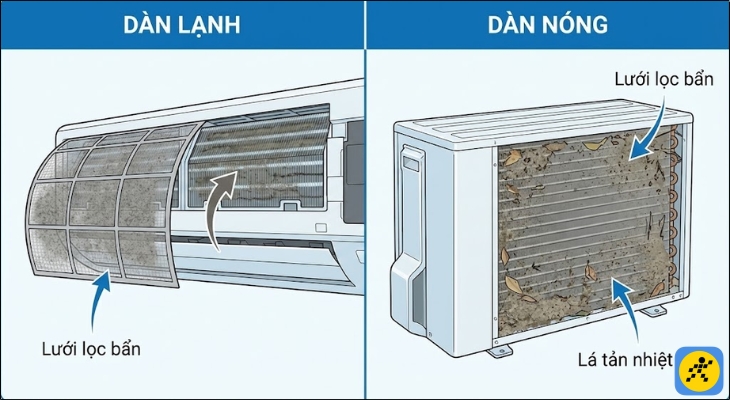 Lưới lọc và lá tản nhiệt bị bẩn khiến không khí không thể lưu thông qua để thực hiện quá trình trao đổi nhiệt Lưới lọc và lá tản nhiệt bị bẩn khiến không khí không thể lưu thông qua để thực hiện quá trình trao đổi nhiệt