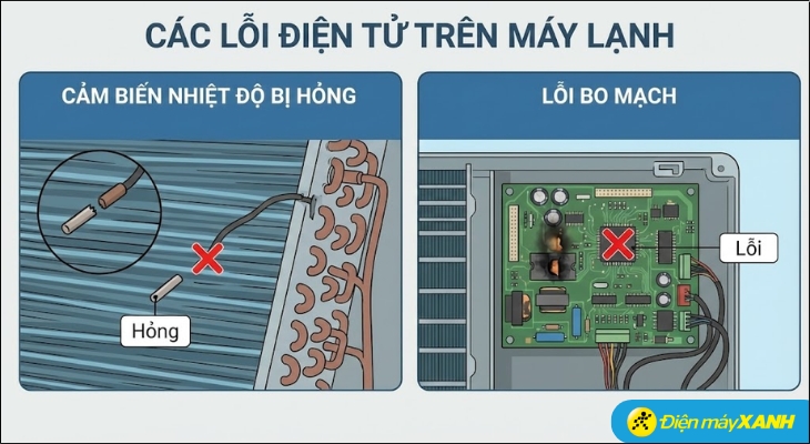 Cảm biến nhiệt độ gắn trên dàn lạnh có thể bị đứt dây, hỏng hoặc trị số điện trở của nó bị sai lệch Cảm biến nhiệt độ gắn trên dàn lạnh có thể bị đứt dây, hỏng hoặc trị số điện trở của nó bị sai lệch