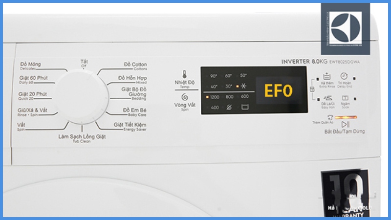 EF0/EFO thường xuất hiện khi máy phát hiện hiện tượng bất thường liên quan đến bọt quá nhiều hoặc hệ thống chống tràn/rò rỉ nước 