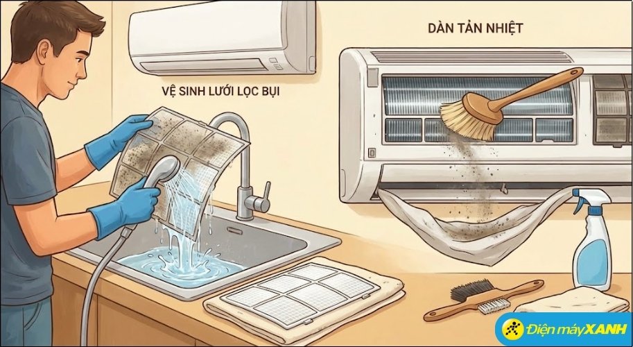 Đối với dàn lạnh, bạn hãy tháo lưới lọc bụi ra và vệ sinh sạch sẽ bằng nước, sau đó để khô rồi lắp lại nhằm tăng khả năng lưu thông khí lạnh