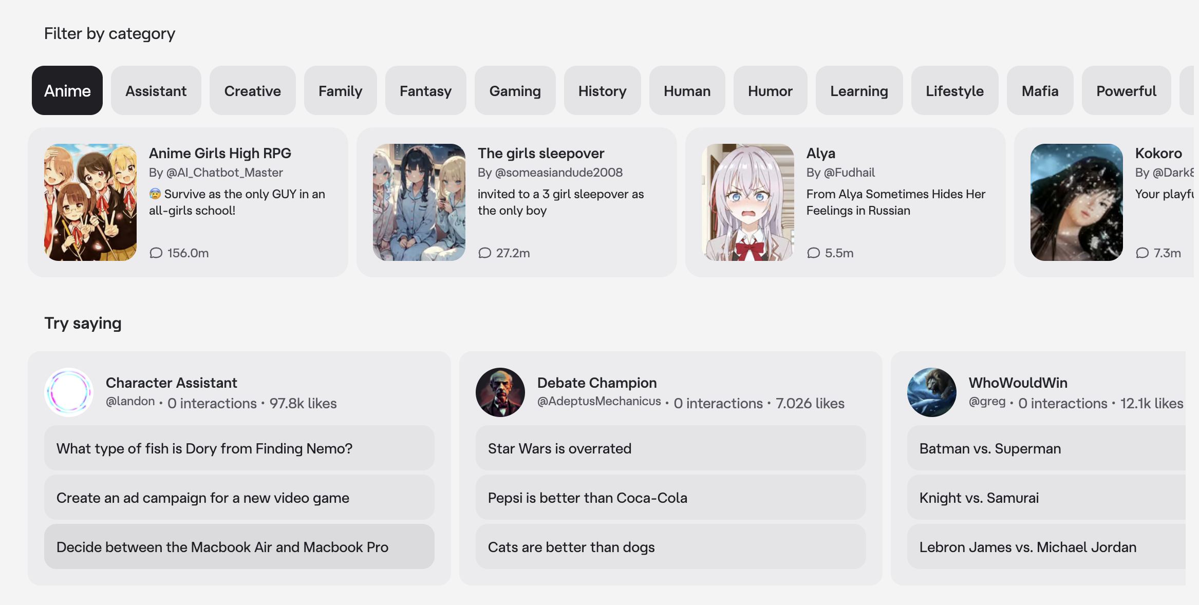 Lựa chọn c&aacute;c nh&acirc;n vật giả lập để tr&ograve; chuyện