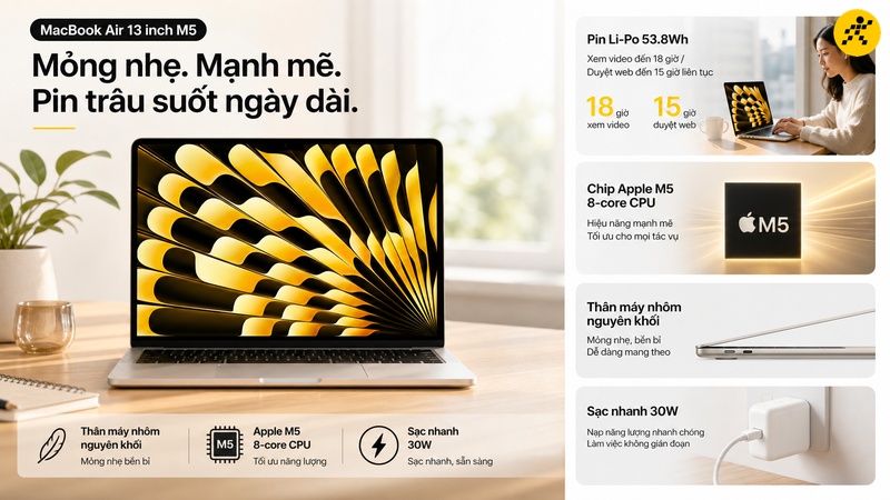 MacBook Air 13 inch M5 16GB/512GB có pin 53.8Wh không lớn nhất bài nhưng chip Apple Silicon kéo được tới 18 giờ xem video MacBook Air 13 inch M5 16GB/512GB