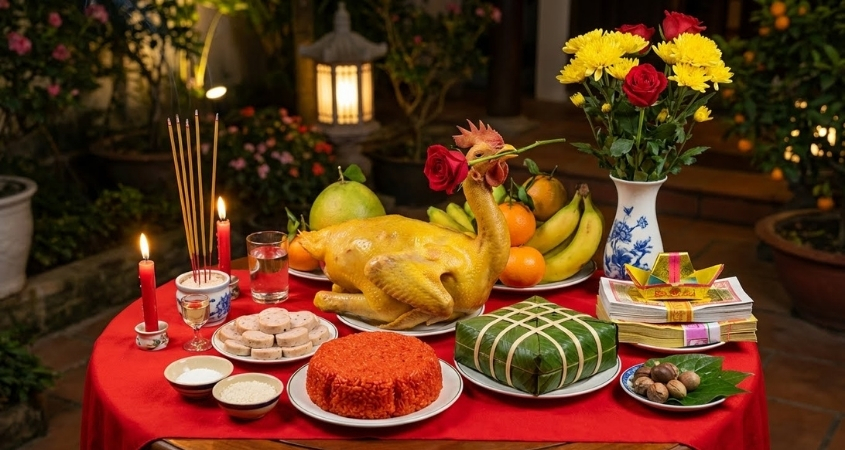 Mâm cúng giao thừa ngoài trời