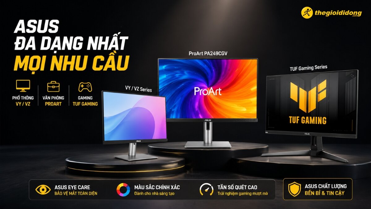 Ba màn hình máy tính ASUS từ các dòng VY/VZ phổ thông, ProArt cho văn phòng và TUF Gaming chuyên game, hiển thị trên nền đen với logo Thegioididong và các tính năng nổi bật.