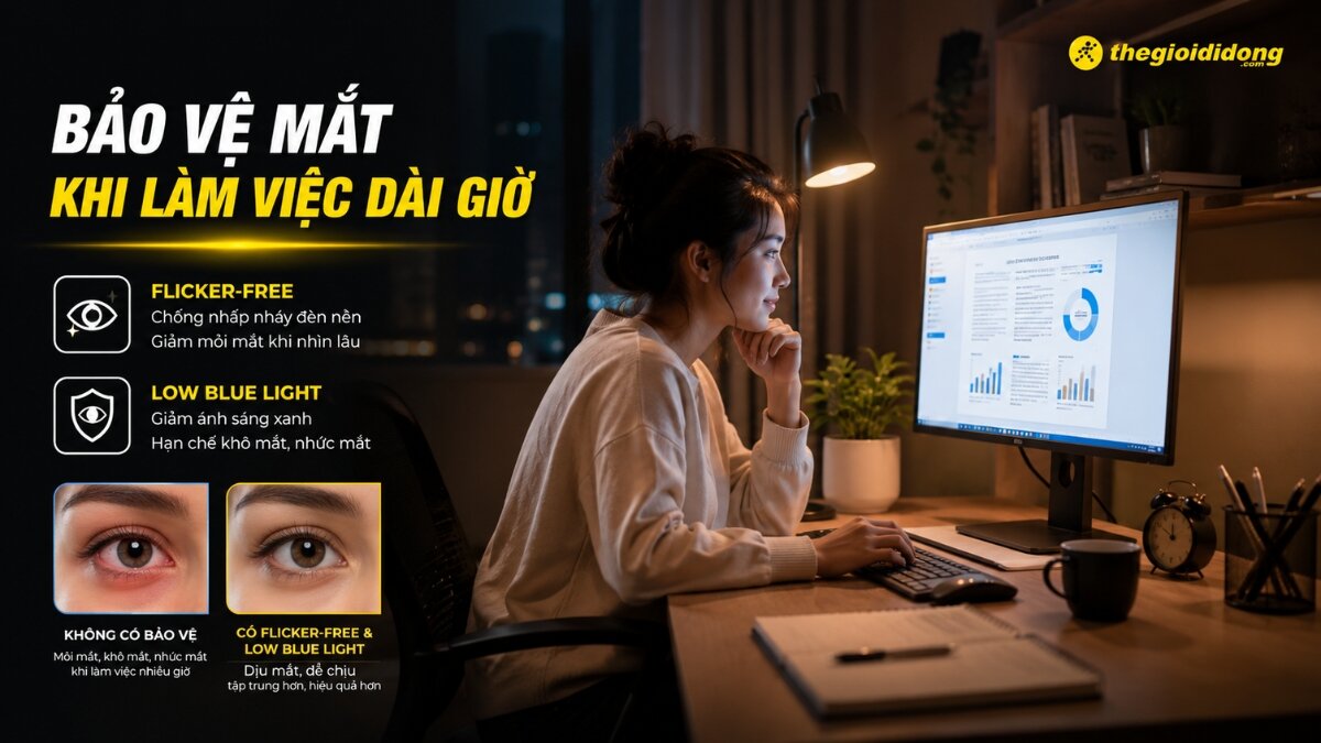 Người phụ nữ làm việc trên máy tính vào ban đêm, màn hình hiển thị biểu đồ, cùng với thông tin về công nghệ bảo vệ mắt Flicker-Free và Low Blue Light giúp giảm mỏi mắt khi làm việc dài giờ.