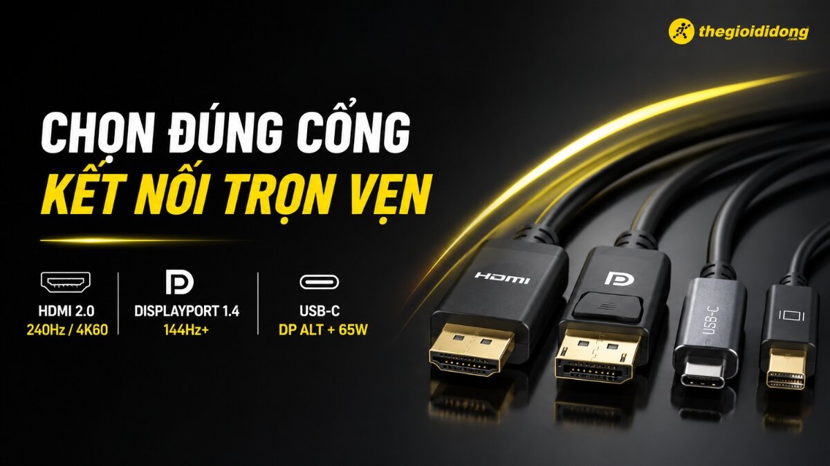Các loại cáp và cổng kết nối màn hình phổ biến bao gồm HDMI 2.0, DisplayPort 1.4 và USB-C, thể hiện các thông số kỹ thuật hỗ trợ tần số quét và độ phân giải khác nhau.