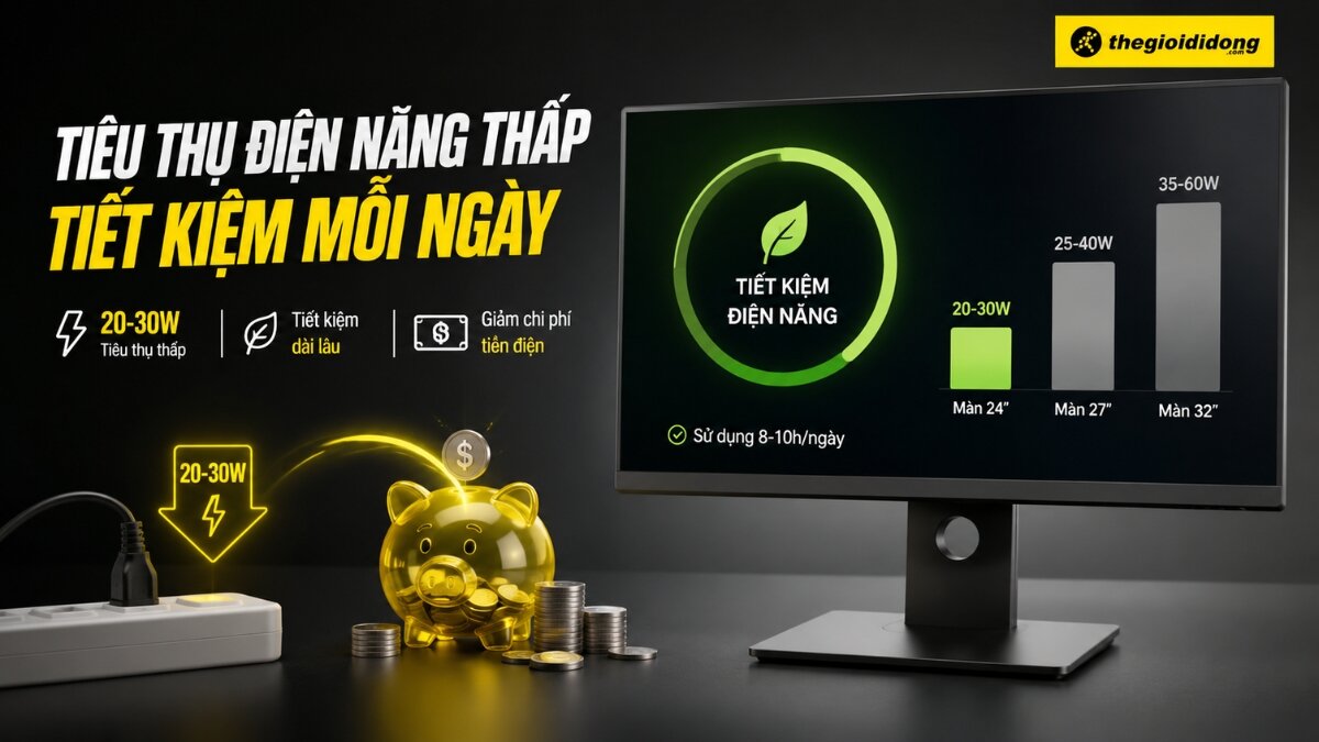 Biểu đồ so sánh công suất tiêu thụ điện năng của màn hình máy tính 24 inch (20-30W), 27 inch (25-40W) và 32 inch (35-60W), minh họa lợi ích tiết kiệm chi phí điện khi sử dụng màn hình 24 inch.