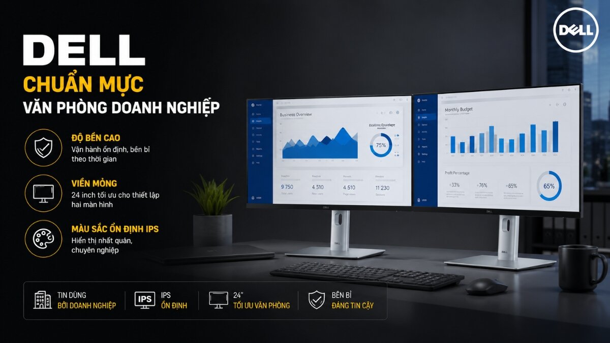 Hai màn hình Dell 24 inch viền mỏng đang hiển thị biểu đồ kinh doanh, đặt trên bàn làm việc cùng bàn phím, chuột và cốc cà phê, thể hiện sự chuyên nghiệp cho văn phòng.