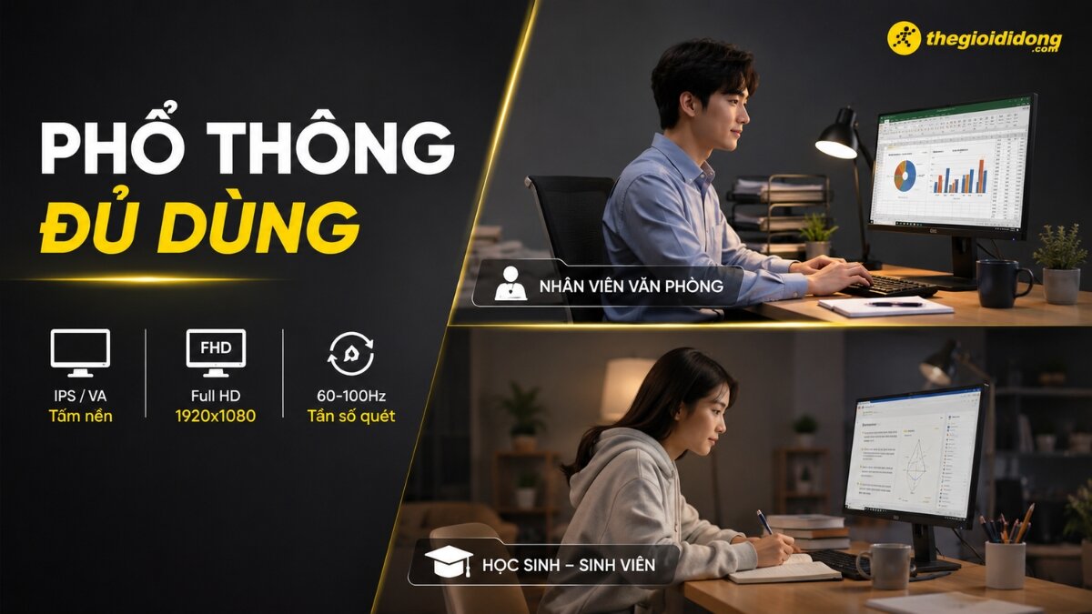 Quảng cáo màn hình máy tính phổ thông, hiển thị một nhân viên văn phòng làm việc với bảng tính Excel và một học sinh ghi chép bài học, kèm theo thông số kỹ thuật tấm nền IPS/VA, độ phân giải Full HD 1920x1080 và tần số quét 60-100Hz.