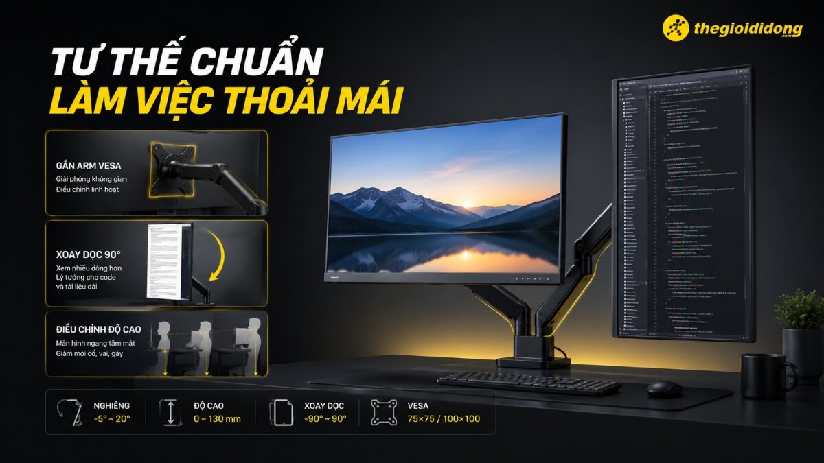 Hai màn hình máy tính gắn trên cánh tay điều chỉnh, một hiển thị phong cảnh ngang, một hiển thị code dọc. Minh họa tính năng gắn VESA, xoay dọc 90 độ, điều chỉnh độ cao giúp người dùng có tư thế làm việc chuẩn và thoải mái.