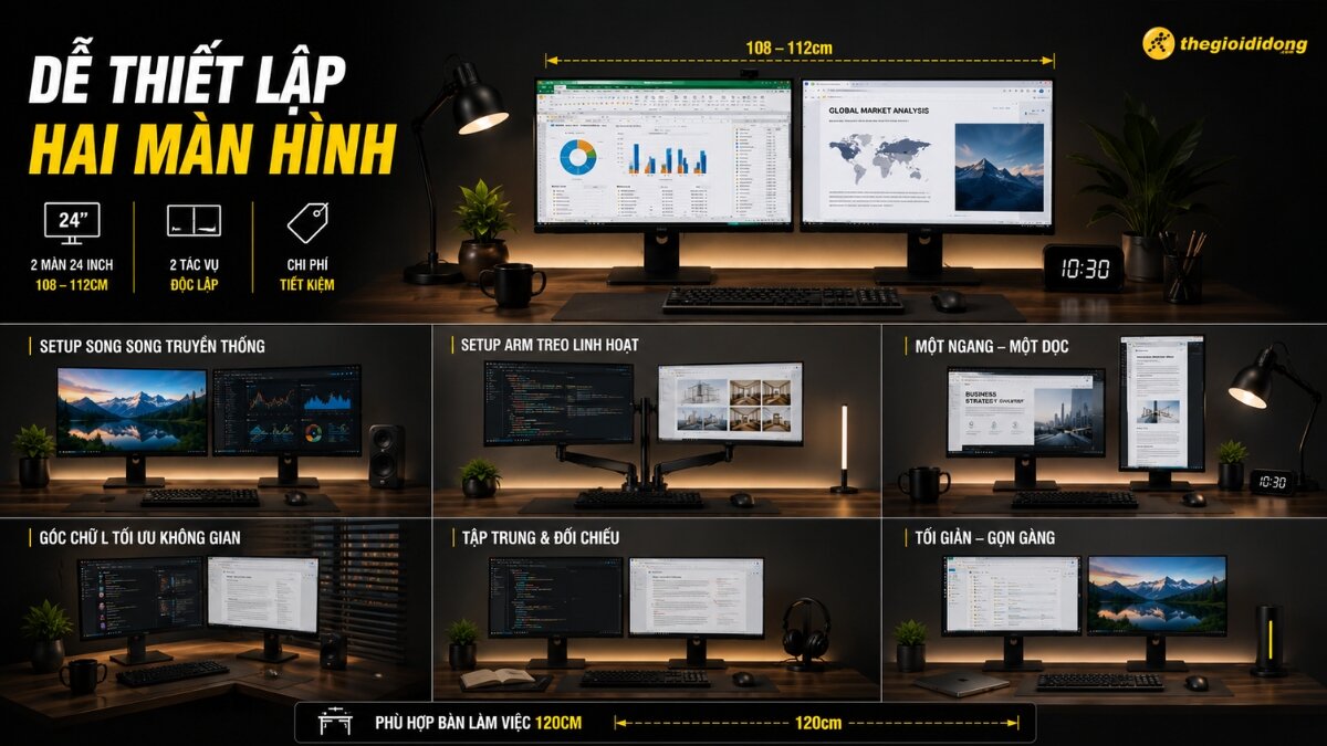 Các kiểu bố trí hai màn hình máy tính 24 inch trên bàn làm việc, bao gồm setup song song truyền thống, dùng arm treo, một ngang một dọc, góc chữ L và tối giản.