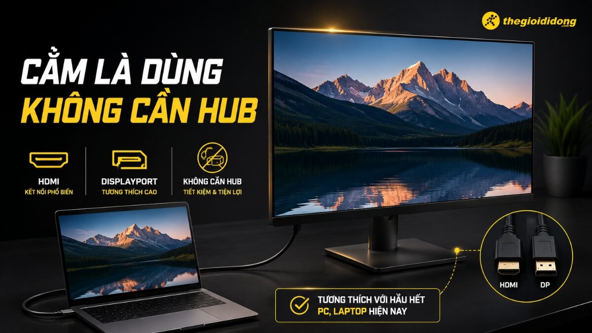 Màn hình hiển thị hình ảnh núi và hồ nước, được kết nối với laptop qua cáp HDMI và DisplayPort, thể hiện tính năng cắm là dùng không cần hub, tiện lợi cho người dùng máy tính và laptop.