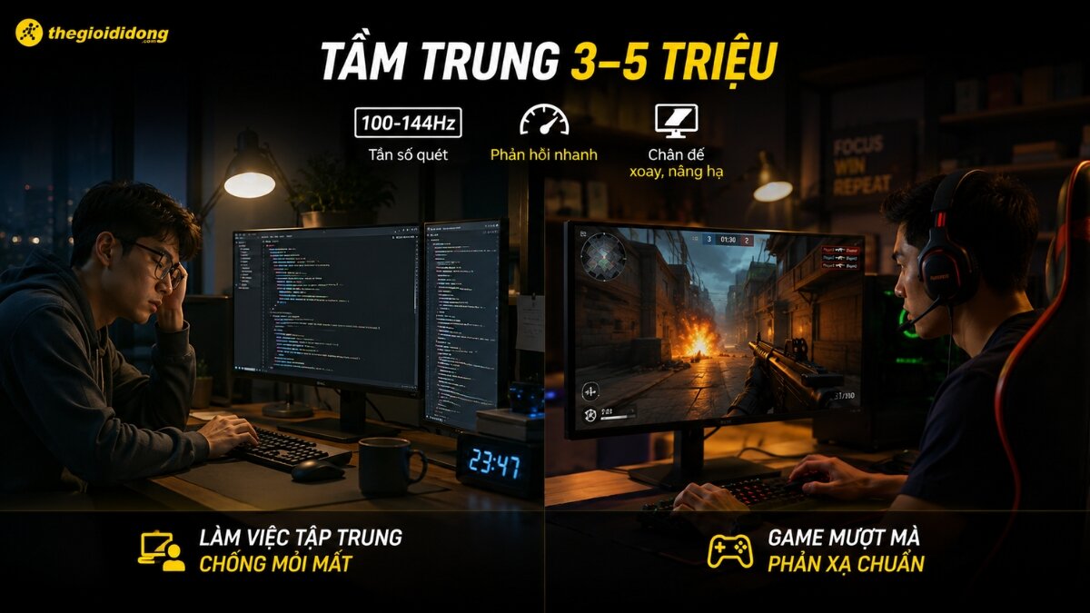 Hai người đàn ông sử dụng màn hình máy tính, một người làm việc lập trình với hai màn hình và một người chơi game với màn hình đơn. Hình ảnh minh họa màn hình có tần số quét 100-144Hz, phản hồi nhanh, chân đế xoay nâng hạ, phù hợp cho tầm giá 3-5 triệu đồng.
