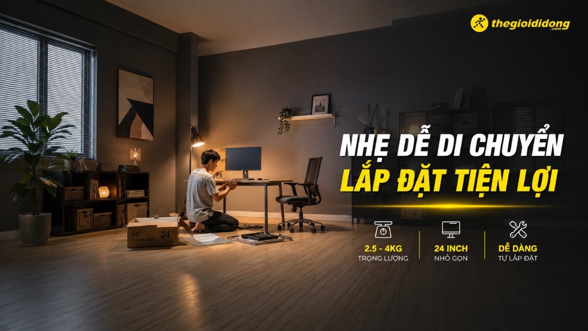 Người đàn ông đang tự lắp đặt màn hình máy tính 24 inch tại bàn làm việc, hộp đựng màn hình và các công cụ đặt trên sàn nhà bên cạnh.