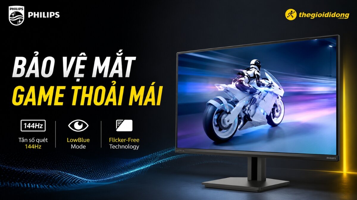 Màn hình Philips hiển thị cảnh game đua xe, bên trái là các tính năng bảo vệ mắt như tần số quét 144Hz, chế độ LowBlue và công nghệ Flicker-Free.