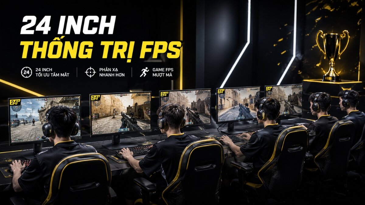 Năm tuyển thủ esports đang ngồi chơi game FPS trên các màn hình 24 inch chuyên nghiệp trong một không gian gaming tối với đèn neon và một chiếc cúp vàng.