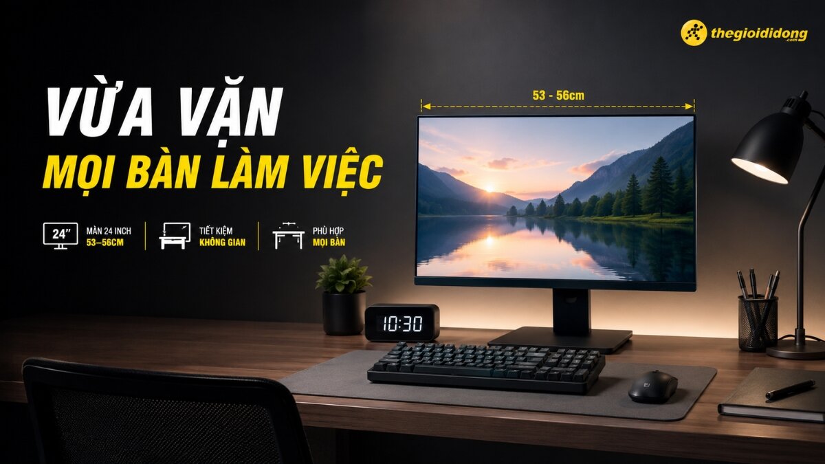 Màn hình máy tính 24 inch viền mỏng đang hiển thị cảnh hoàng hôn tuyệt đẹp, đặt trên bàn làm việc gọn gàng với bàn phím cơ, chuột và đồng hồ điện tử. Phía sau màn hình có đèn LED nền vàng ấm tạo không gian làm việc ấm cúng.