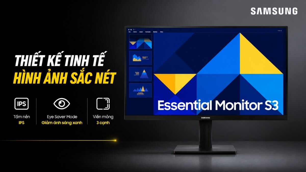 Màn hình Samsung Essential Monitor S3 màu đen với thiết kế viền mỏng 3 cạnh, hiển thị hình ảnh sắc nét trên tấm nền IPS và công nghệ Eye Saver Mode.