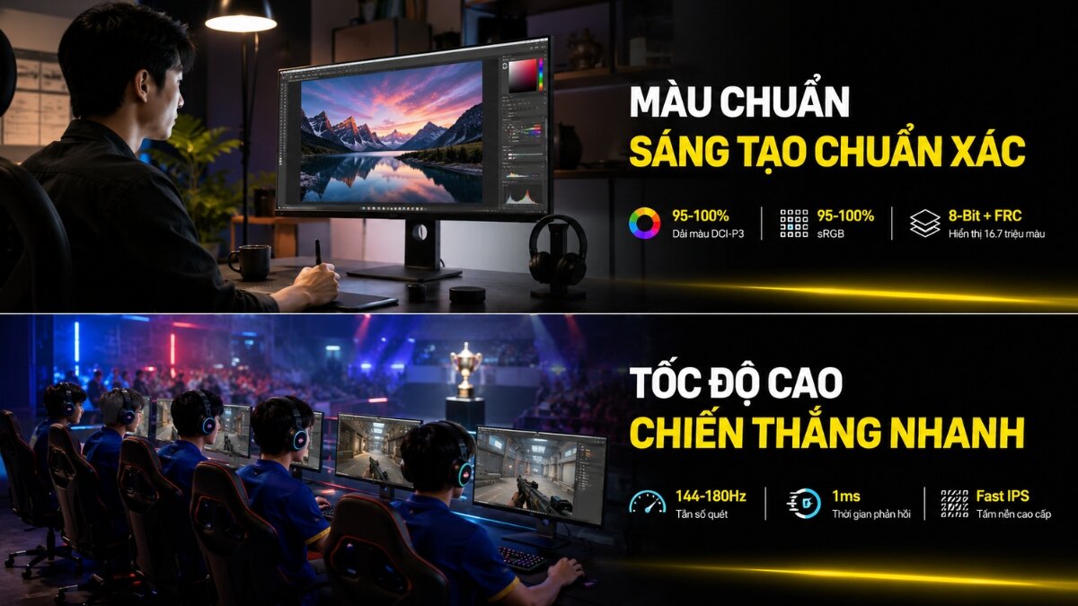 Người dùng thiết kế đồ họa bên một màn hình hiển thị màu sắc chuẩn xác, cùng với cảnh các game thủ đang chơi game tốc độ cao trên nhiều màn hình.