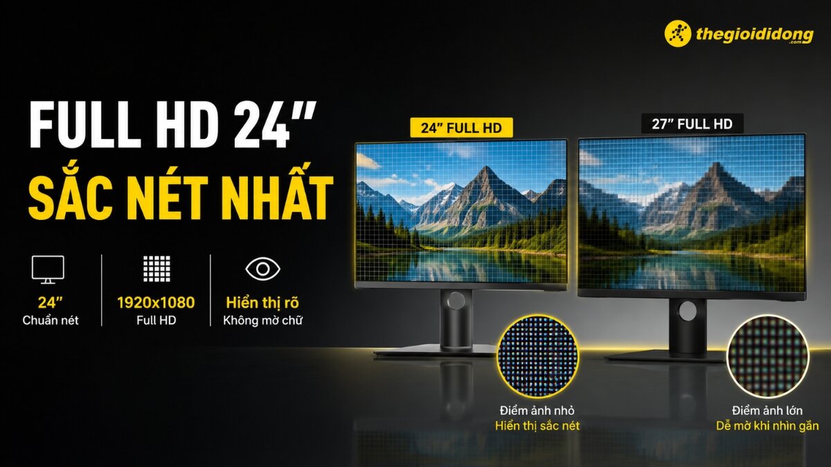 So sánh độ sắc nét của màn hình Full HD 24 inch và 27 inch, minh họa rõ sự khác biệt về điểm ảnh và độ hiển thị chi tiết.