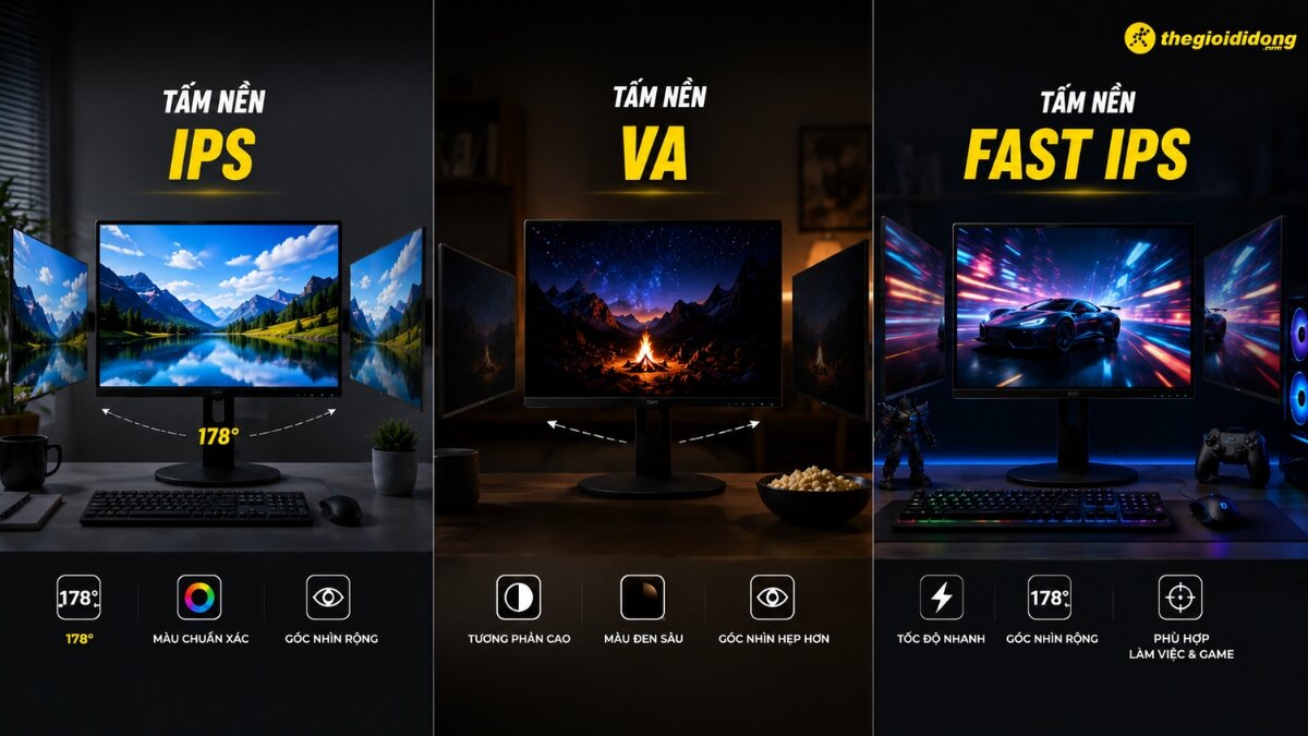 So sánh ba loại tấm nền màn hình IPS, VA và Fast IPS, thể hiện rõ góc nhìn rộng 178 độ của IPS và Fast IPS, độ tương phản cao của VA, cùng tốc độ nhanh và màu sắc chuẩn xác đặc trưng của từng loại.