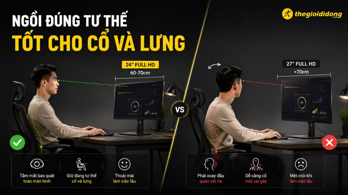 So sánh tư thế ngồi làm việc đúng với màn hình máy tính 24 inch, giúp bảo vệ cổ và lưng, đối lập với tư thế sai khi dùng màn hình 27 inch gây mỏi.