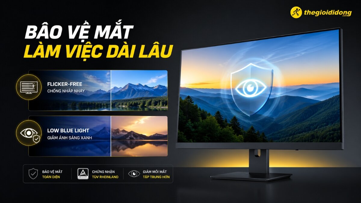 Màn hình hiển thị các tính năng bảo vệ mắt như Flicker-Free chống nhấp nháy và giảm ánh sáng xanh Low Blue Light, với logo Thegioididong.
