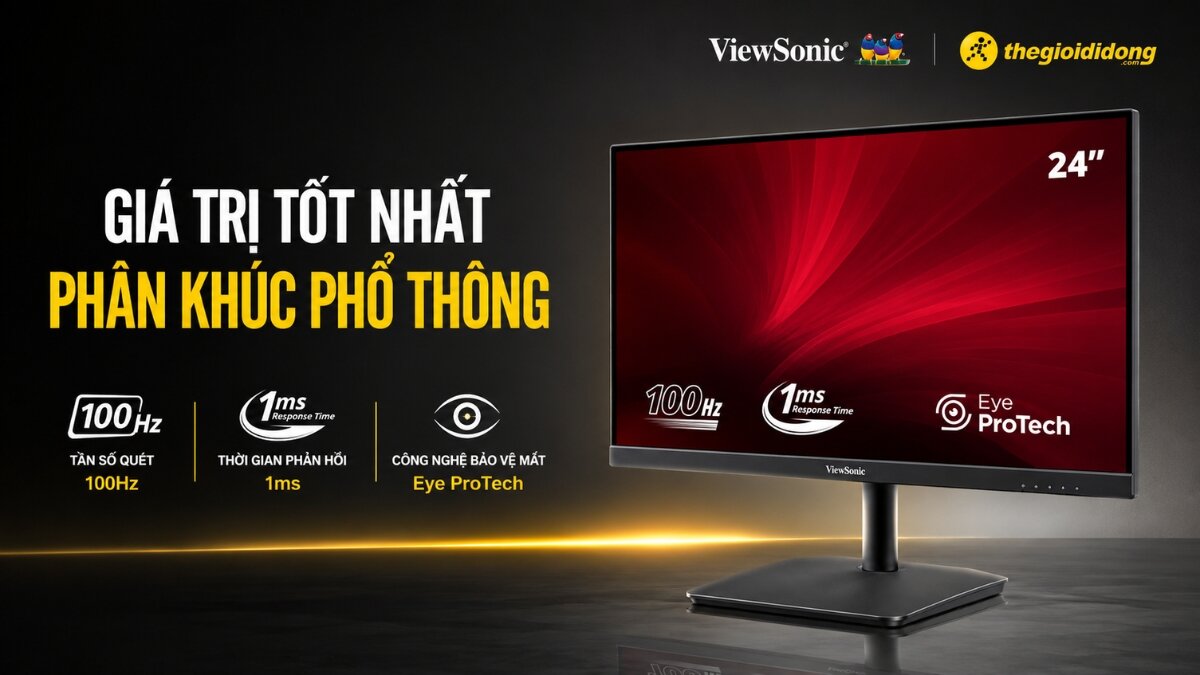 Màn hình ViewSonic 24 inch hiển thị tần số quét 100Hz, thời gian phản hồi 1ms và công nghệ bảo vệ mắt Eye Protech, thiết kế màu đen.