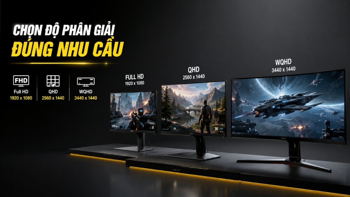 Lựa chọn độ phân giải màn hình phù hợp Hình ảnh ba màn hình gaming hiển thị các độ phân giải khác nhau: Full HD 1920x1080, QHD 2560x1440 và WQHD 3440x1440, minh họa sự lựa chọn độ phân giải phù hợp với nhu cầu.