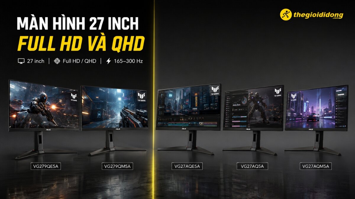 Tổng quan các mẫu màn hình ASUS TUF Gaming 27 inch Năm mẫu màn hình gaming ASUS TUF Gaming 27 inch với các độ phân giải Full HD và QHD, tần số quét cao từ 165-300 Hz, hiển thị đa dạng nội dung từ game hành động đến công việc đồ họa và theo dõi hiệu suất hệ thống.