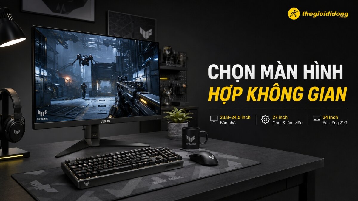 Chọn màn hình ASUS TUF Gaming phù hợp không gian Màn hình ASUS TUF Gaming hiển thị game, cùng với bàn phím, chuột, tai nghe và cốc có logo TUF Gaming. Hình ảnh minh họa cách chọn kích thước màn hình phù hợp với không gian làm việc hoặc giải trí.